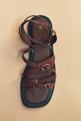 FLAT LEATHER STRAP SANDALS