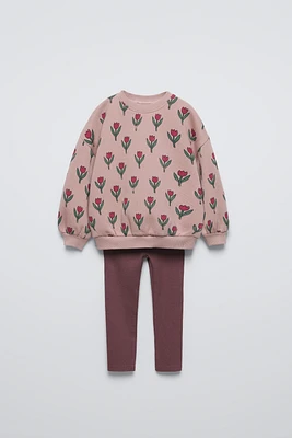 FLORAL RIB SWEATSHIRT AND LEGGINGS MATCHING SET