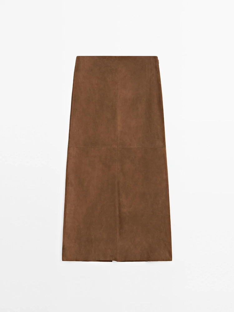 Jupe midi en cuir effet daim