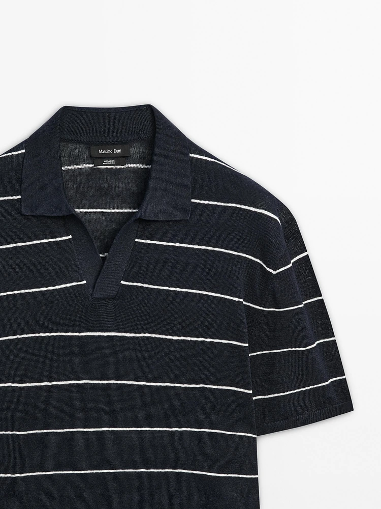 100% linen striped knit polo shirt