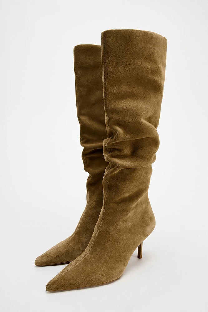 RUCHED SPLIT LEATHER HEELED BOOTS