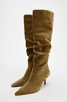 RUCHED SPLIT LEATHER HEELED BOOTS