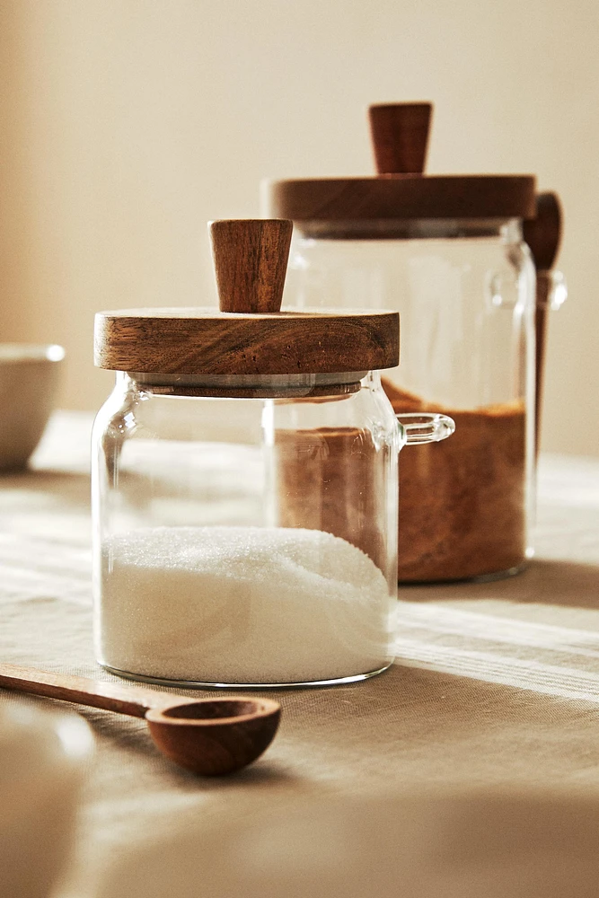 BOROSILICATE GLASS AND WOOD SUGAR BOWL