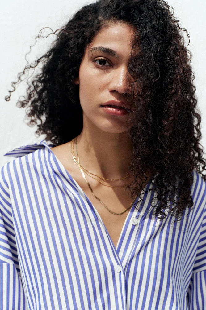 STRIPED SHIRT WITH WIDE METALLIC THREAD SLEEVES