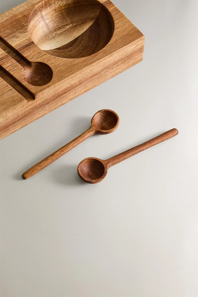 ACACIA WOOD SALT AND PEPPER SHAKER WITH DESSERT SPOONS