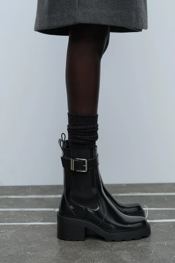 BUCKLED HIGH HEELED CHELSEA ANKLE BOOTS