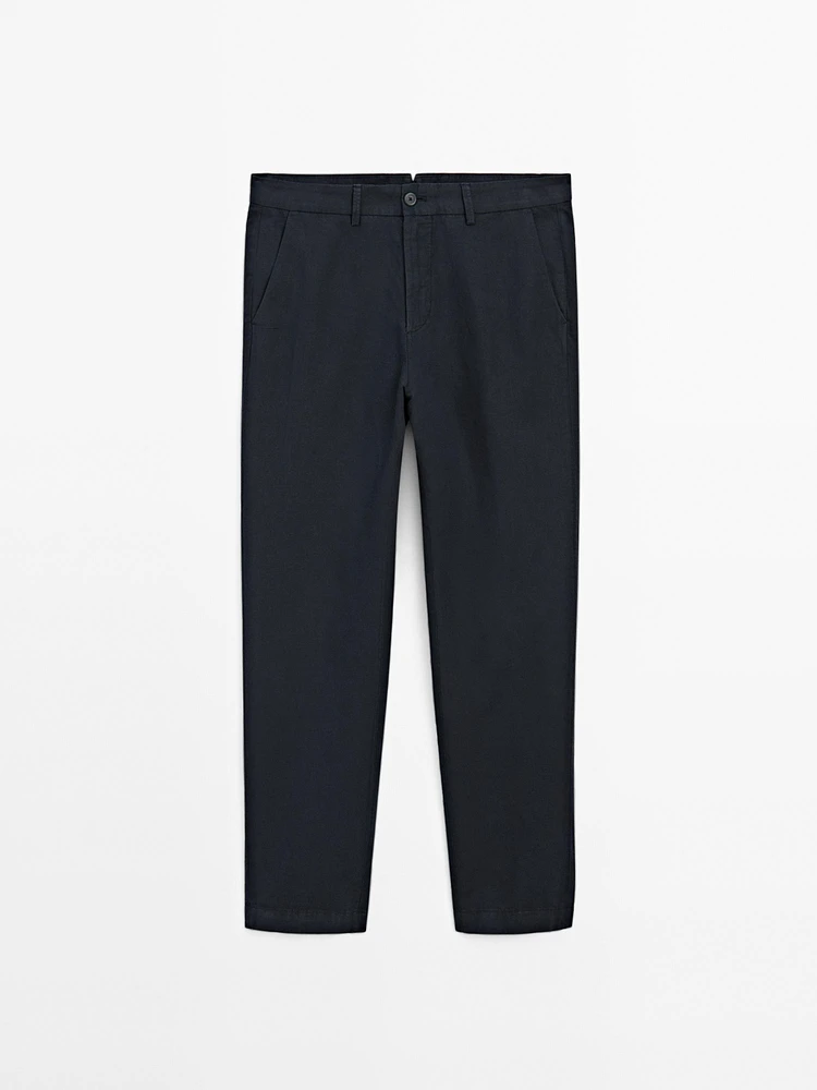 Cotton and linen blend tapered fit trousers