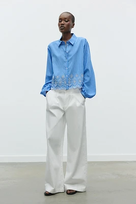 STRIPED EMBROIDERED EYELET SHIRT