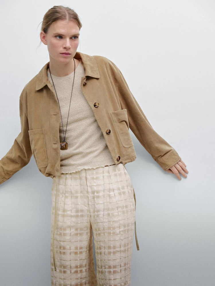 Flowing linen blend check trousers