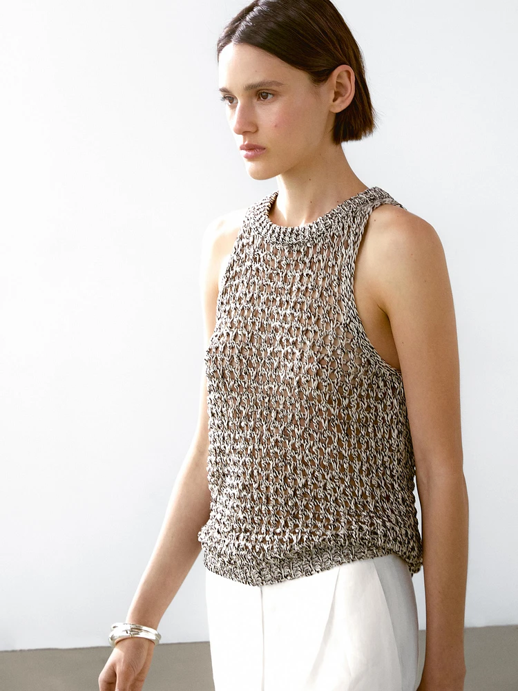 Openwork cotton blend halter top