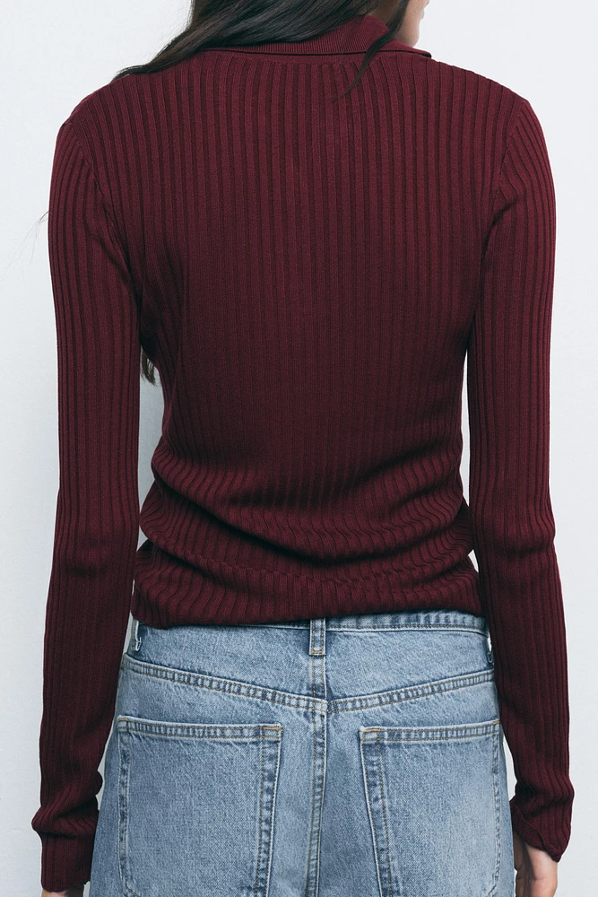 RIBBED KNIT POLO SWEATER