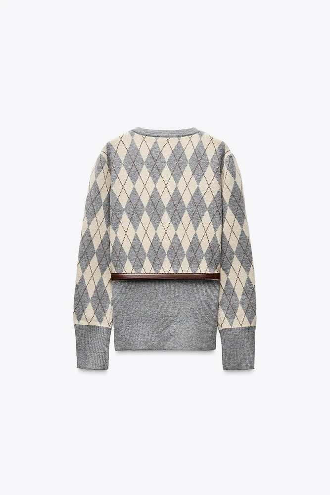 BELTED ARGYLE KNIT SWEATER