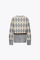 BELTED ARGYLE KNIT SWEATER