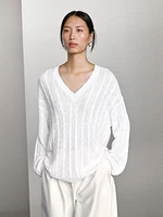 Pull coton en maille tressée ajourée