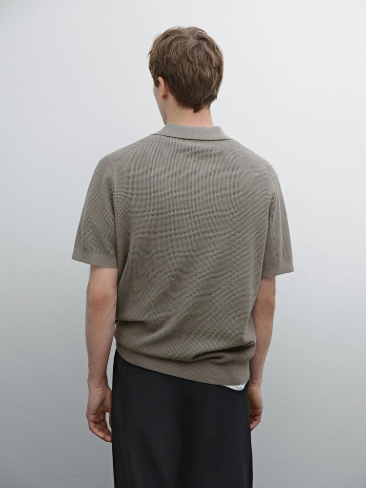 Textured cotton knit polo shirt