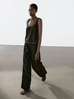 Linen blend darted straight-leg trousers