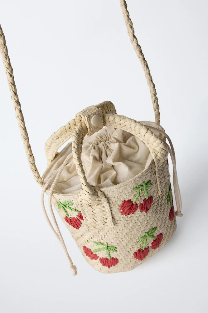 CHERRY PRINT MINI RAFFIA CROSSBODY BAG