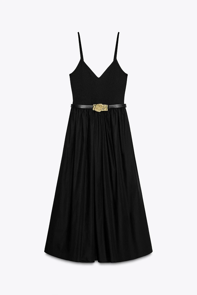 BELTED COMBINATION MIDI DRESS