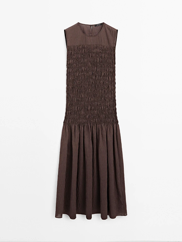Long flounce dress with gathered detail