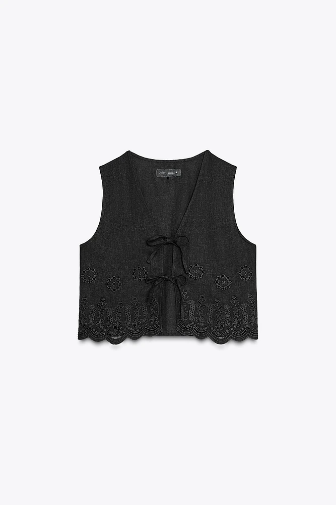 LINEN VEST WITH PERFORATED EMBROIDERY