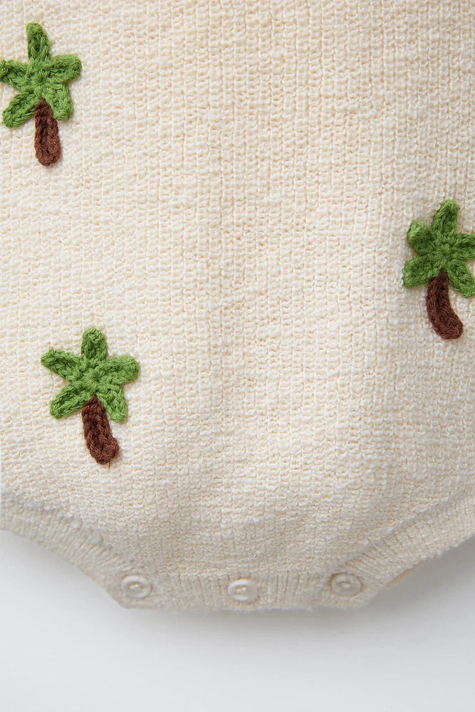 EMBROIDERED PALM TREE KNIT ROMPER