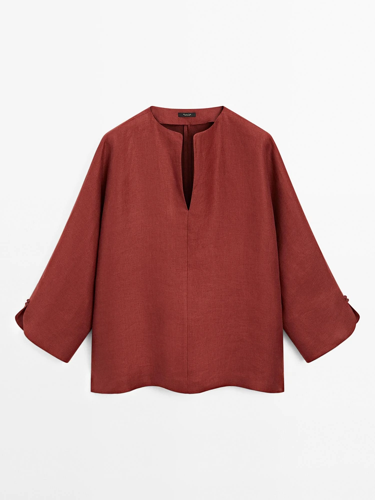 Blouse à col en V 100 % lin