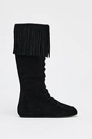 FRINGE LACE-UP SPLIT LEATHER BOOTS