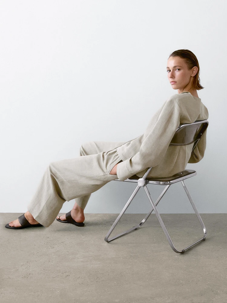 Linen blend check print trousers