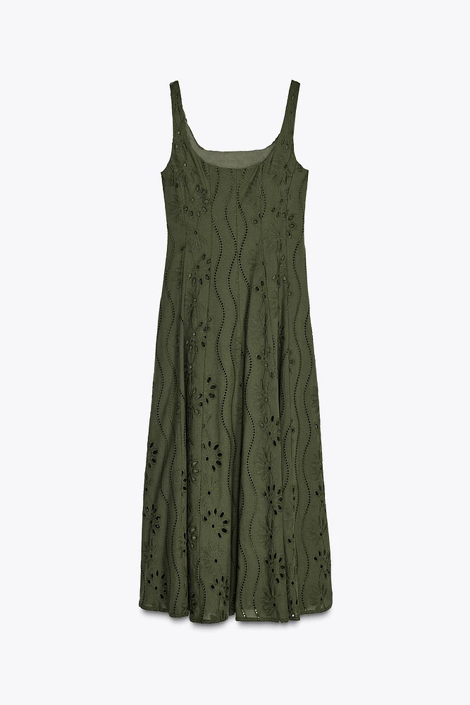 EMBROIDERED EYELET MIDI DRESS