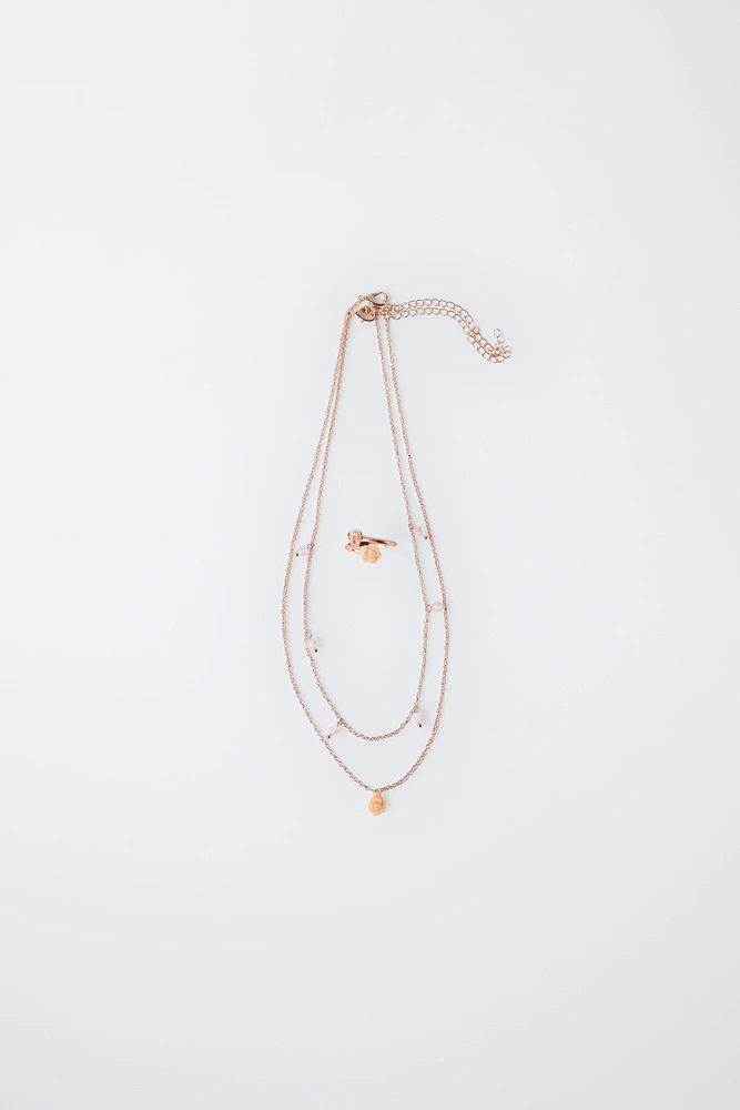 FLOWER NECKLACE AND RING TWO-PACK