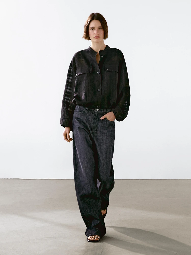 Veste bomber à carreaux en lin mélangé