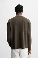 COTTON LINEN BLEND BUTTON NECK T-SHIRT