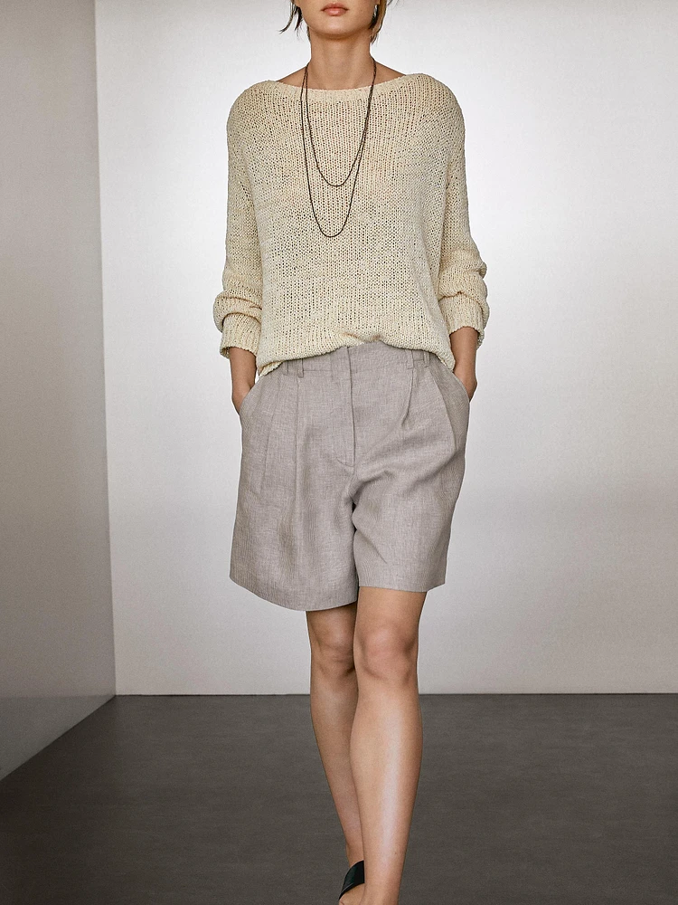 Pinstriped 100% linen Bermuda shorts