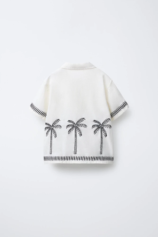 CHEMISE EN COTON ET LIN BRODÉ PALMIERS