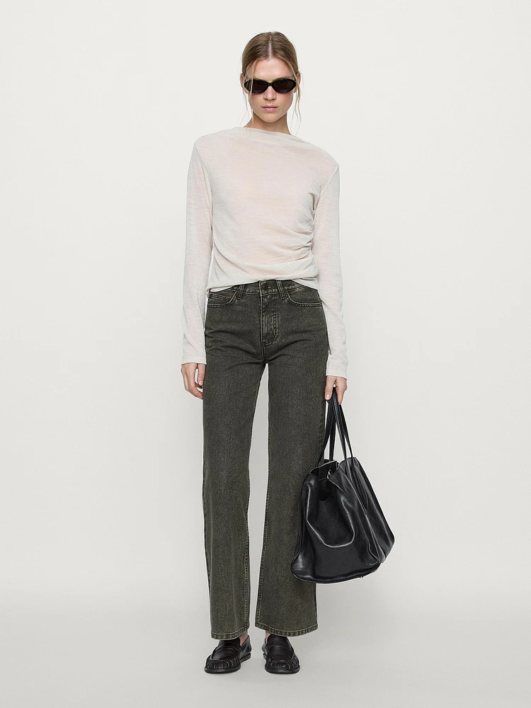 Wide-leg coated denim look cotton trousers