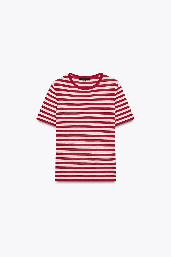 STRIPED SHORT SLEEVE KNIT TOP