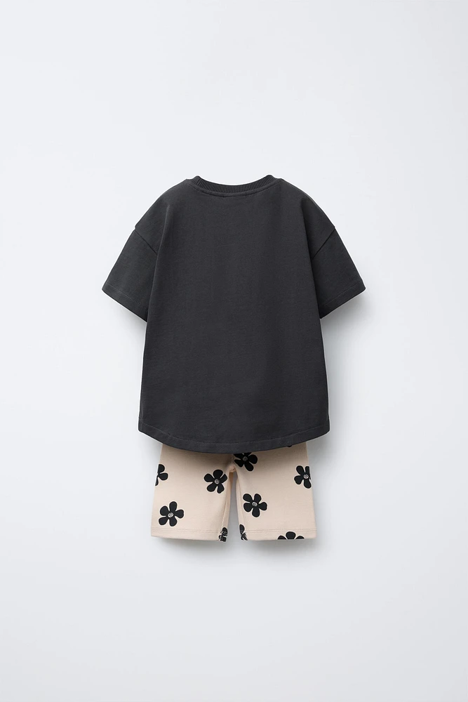 PLAIN T-SHIRT AND PRINTED BIKE SHORTS SET