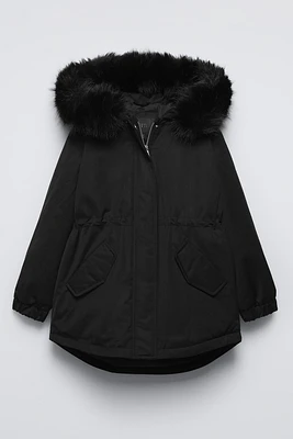 HOODED PARKA WITH FAUX FUR TRIM