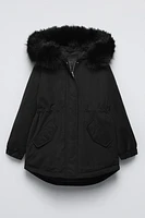 HOODED PARKA WITH FAUX FUR TRIM