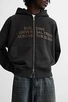 WASHED ZIP-UP TEXT HOODIE