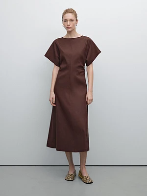 Robe midi froncée en lin mélangé