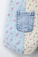 PATCHWORK FLORAL DENIM OVERALL SHORTS