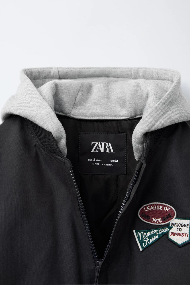 REMOVABLE PATCHES HOODED BOMBER JACKET