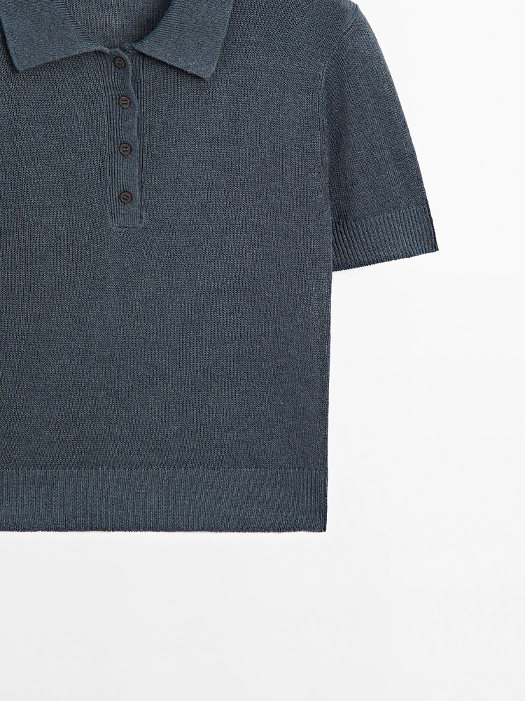 Linen blend cutwork polo sweater