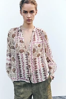 PATCHWORK PRINT SEMI-SHEER BLOUSE