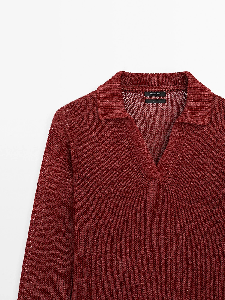 Pull en maille 100 % lin à col polo