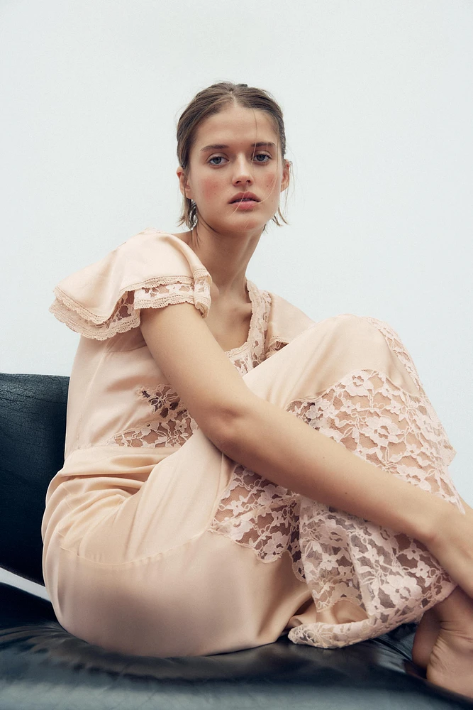 SATIN EMBROIDERED MIDI DRESS
