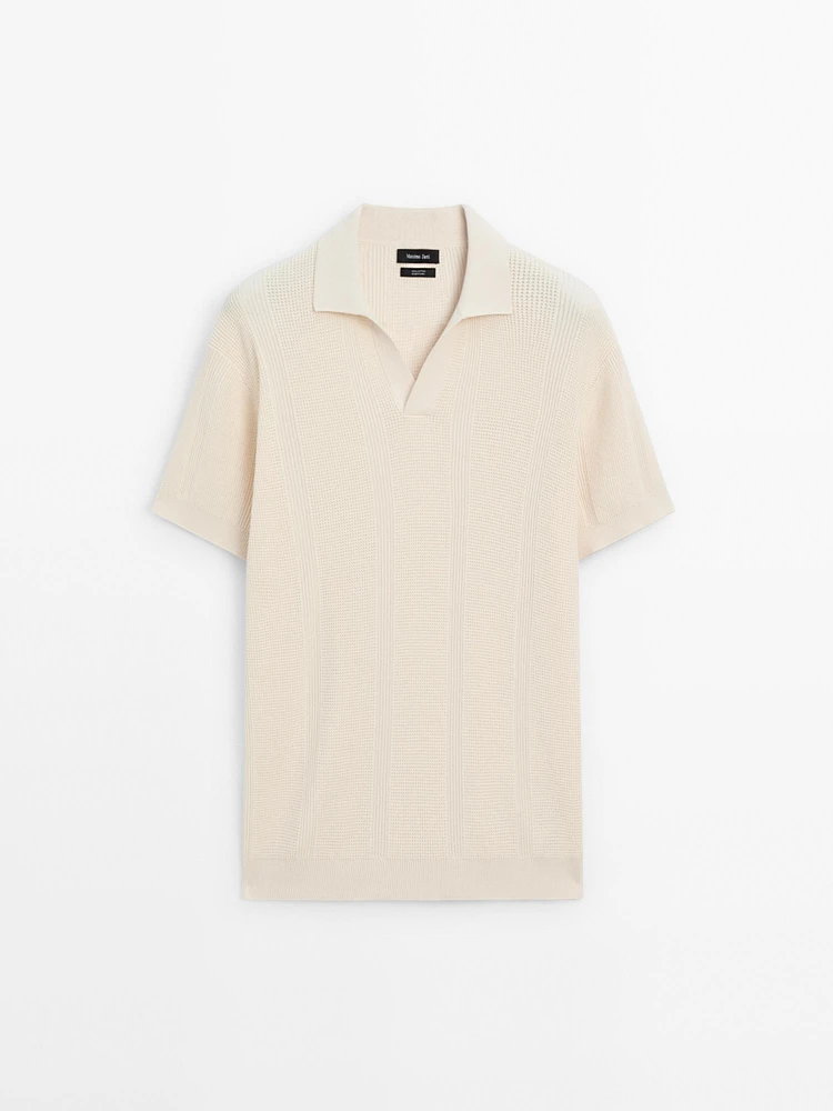 Textured cotton knit short sleeve polo shirt