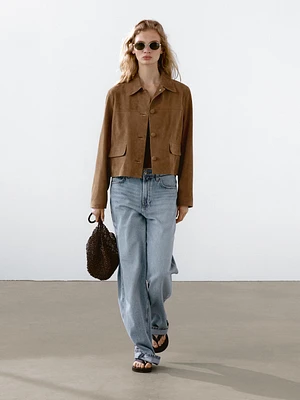 Suede leather jacket with lined buttons
