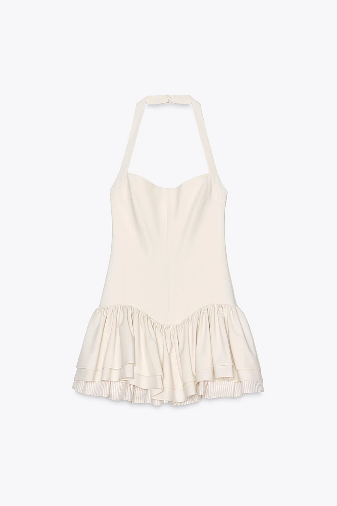 ROBE COMBINAISON HALTER VOLANTS RAYURES
